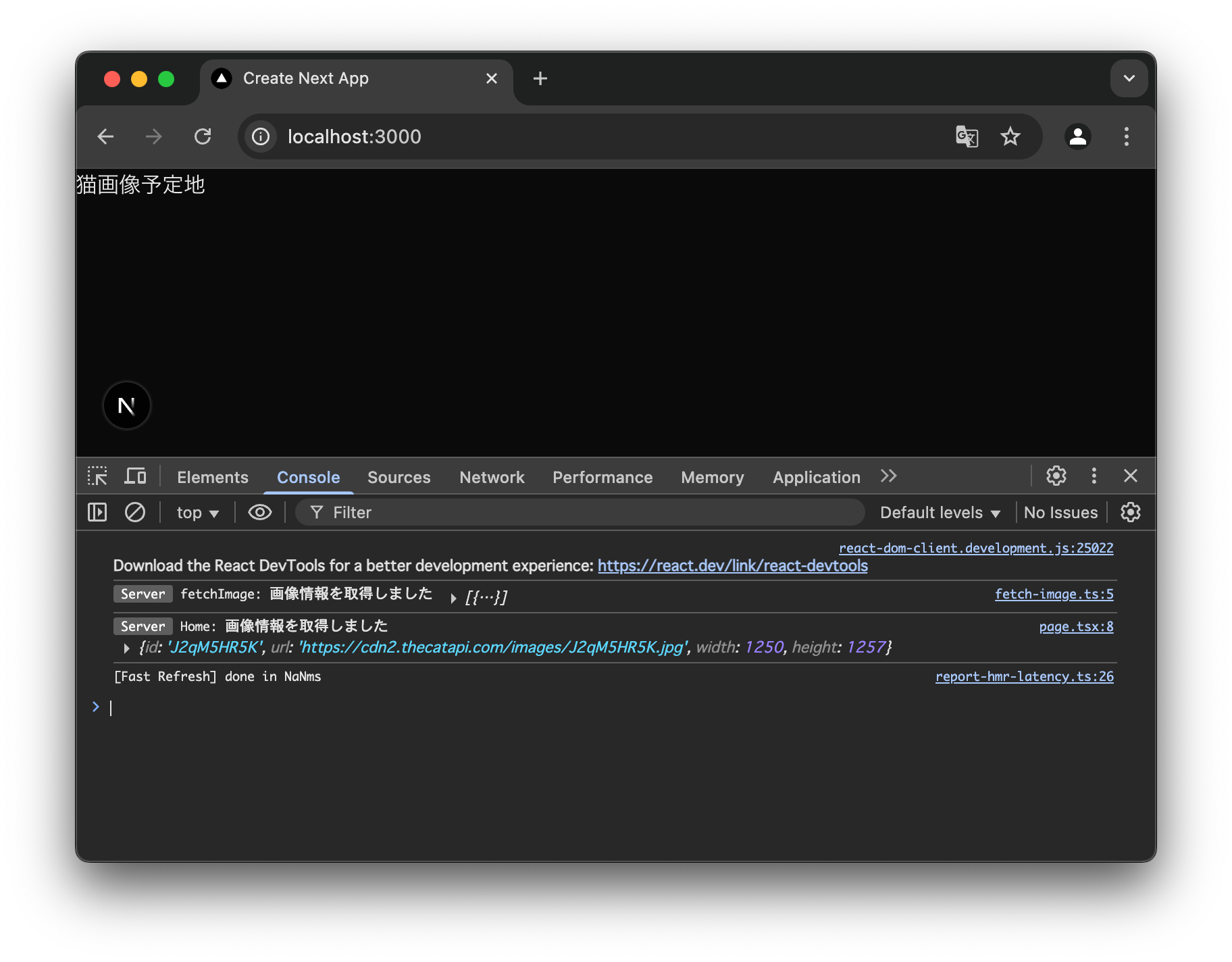 Next.jsアプリの画面。上部に「猫画像予定地」と表示され、下半分でChrome DevToolsのコンソールが開き、猫画像のURLやサイズを含むログが出力されている